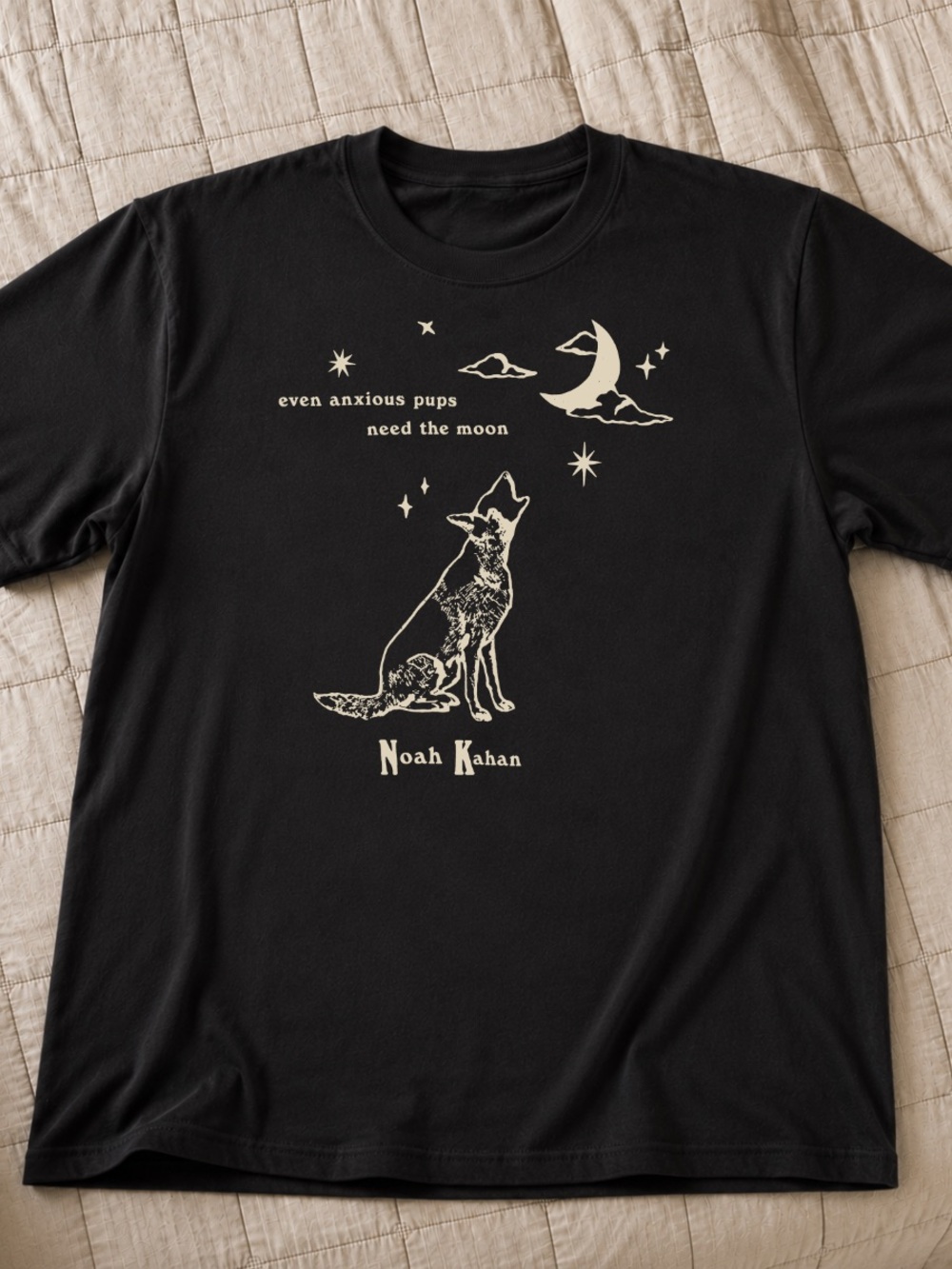 Gildan Black Tee with Cream Howling Dog & Moon Graphic